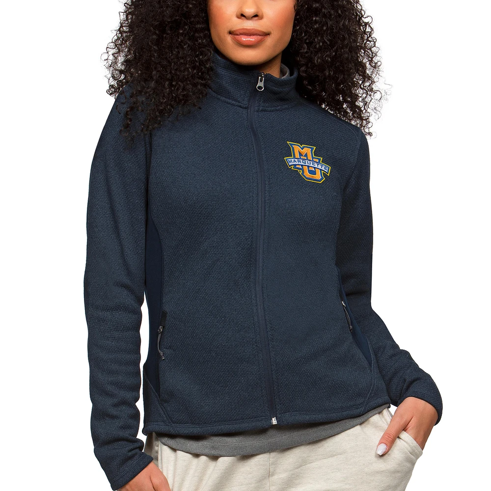Women's Antigua Heather Navy Marquette Golden Eagles Course Full-Zip Jacket