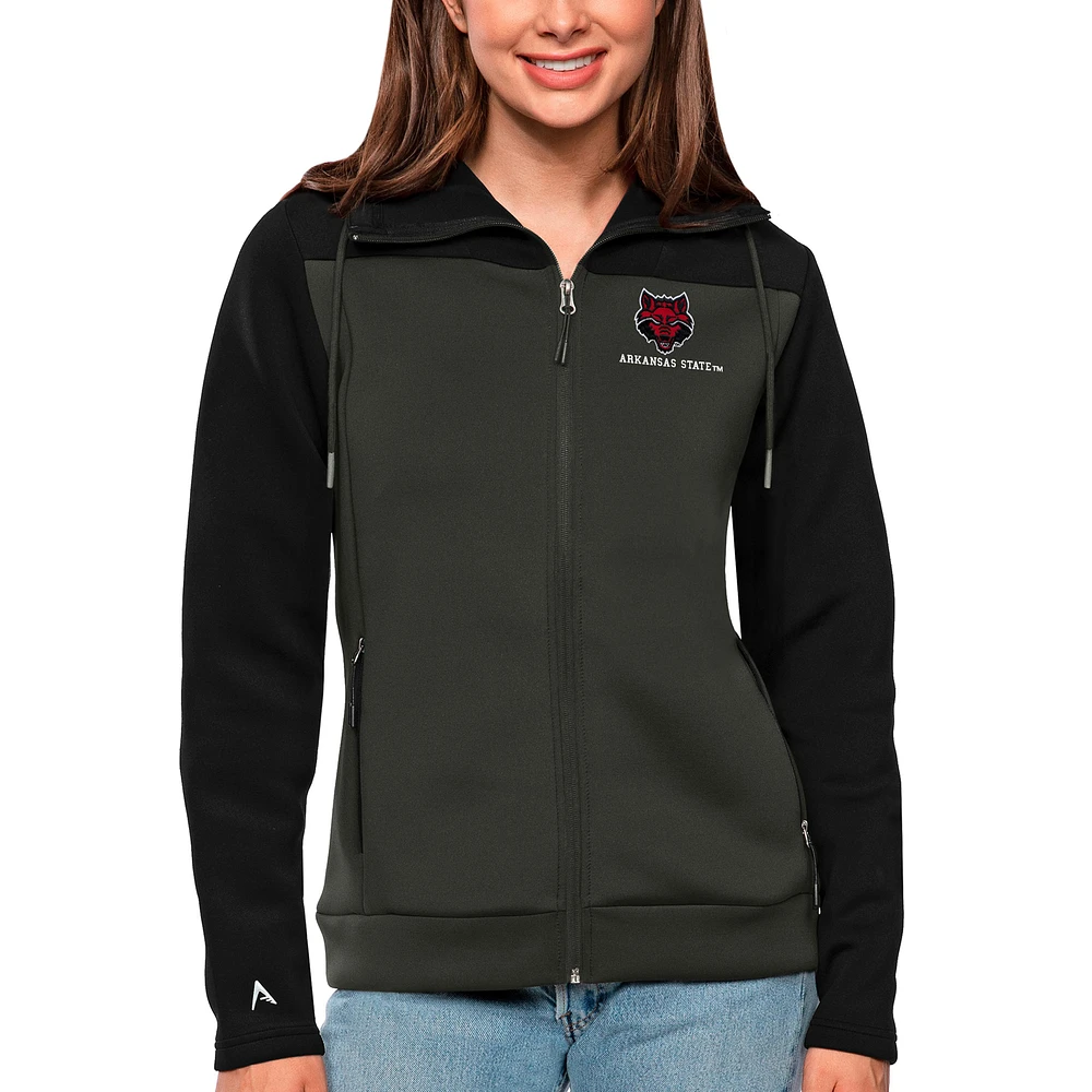 Women's Antigua Black/Charcoal Arkansas State Red Wolves Protect Full-Zip Jacket