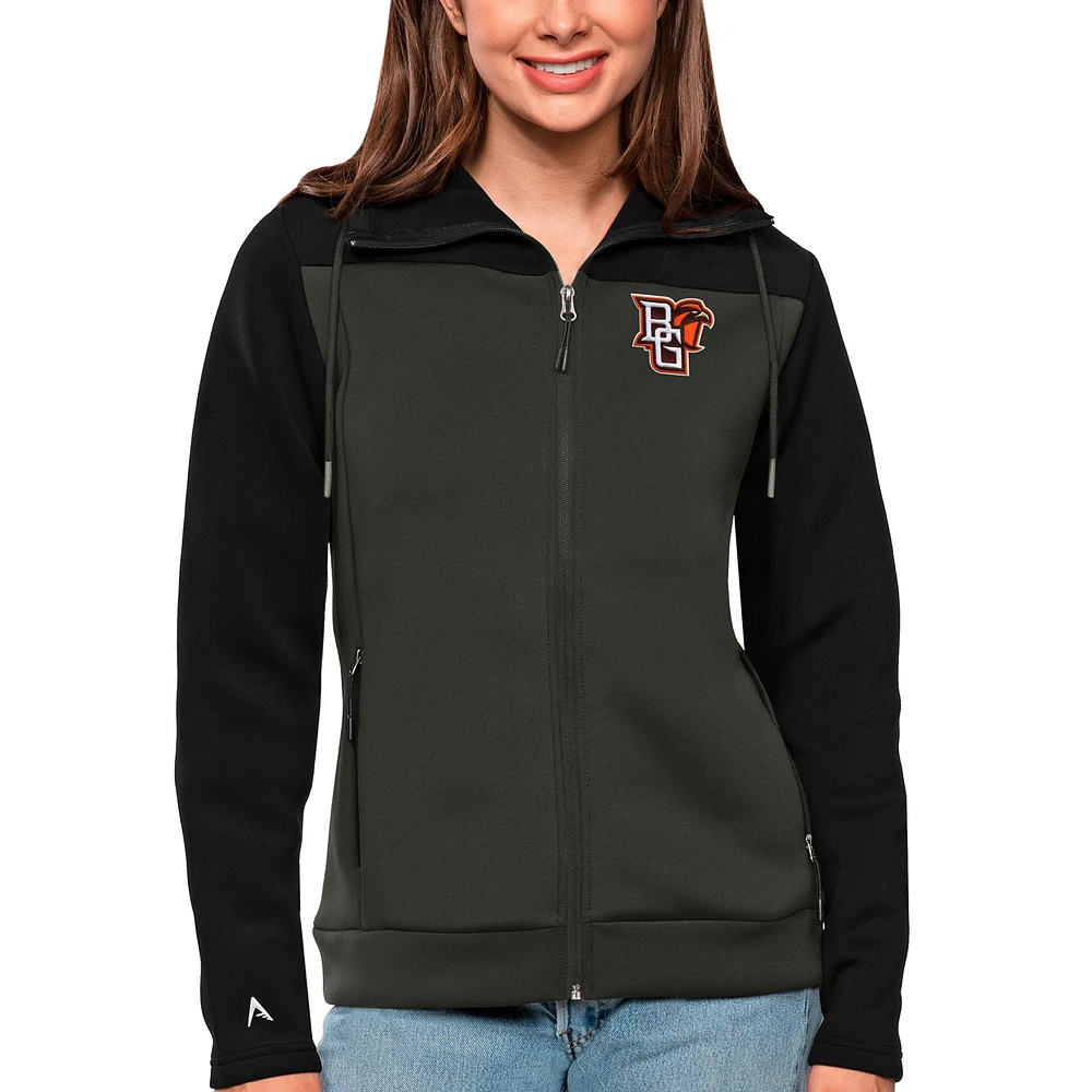 Women's Antigua Black/Charcoal Bowling Green St. Falcons Protect Full-Zip Jacket