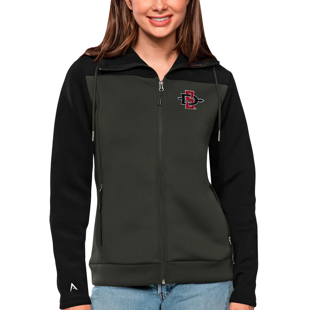 Women's Antigua Black/Charcoal San Diego State Aztecs Protect Full-Zip Jacket