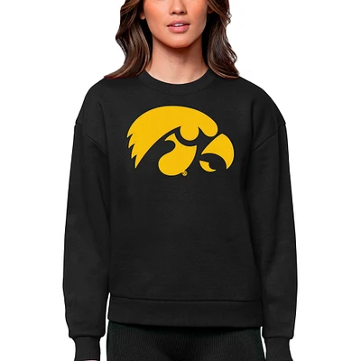 Women's Antigua Black Iowa Hawkeyes Victory Crewneck Pullover Sweatshirt