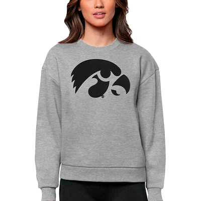 Women's Antigua Heather Gray Iowa Hawkeyes Victory Crewneck Pullover Sweatshirt