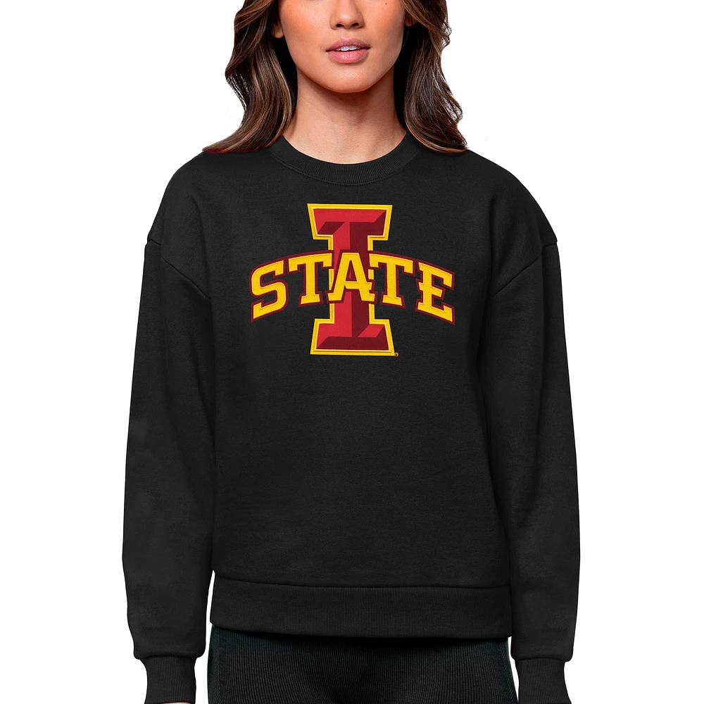 Women's Antigua Black Iowa State Cyclones Victory Crewneck Pullover Sweatshirt