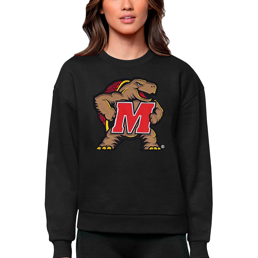 Women's Antigua Black Maryland Terrapins Victory Crewneck Pullover Sweatshirt