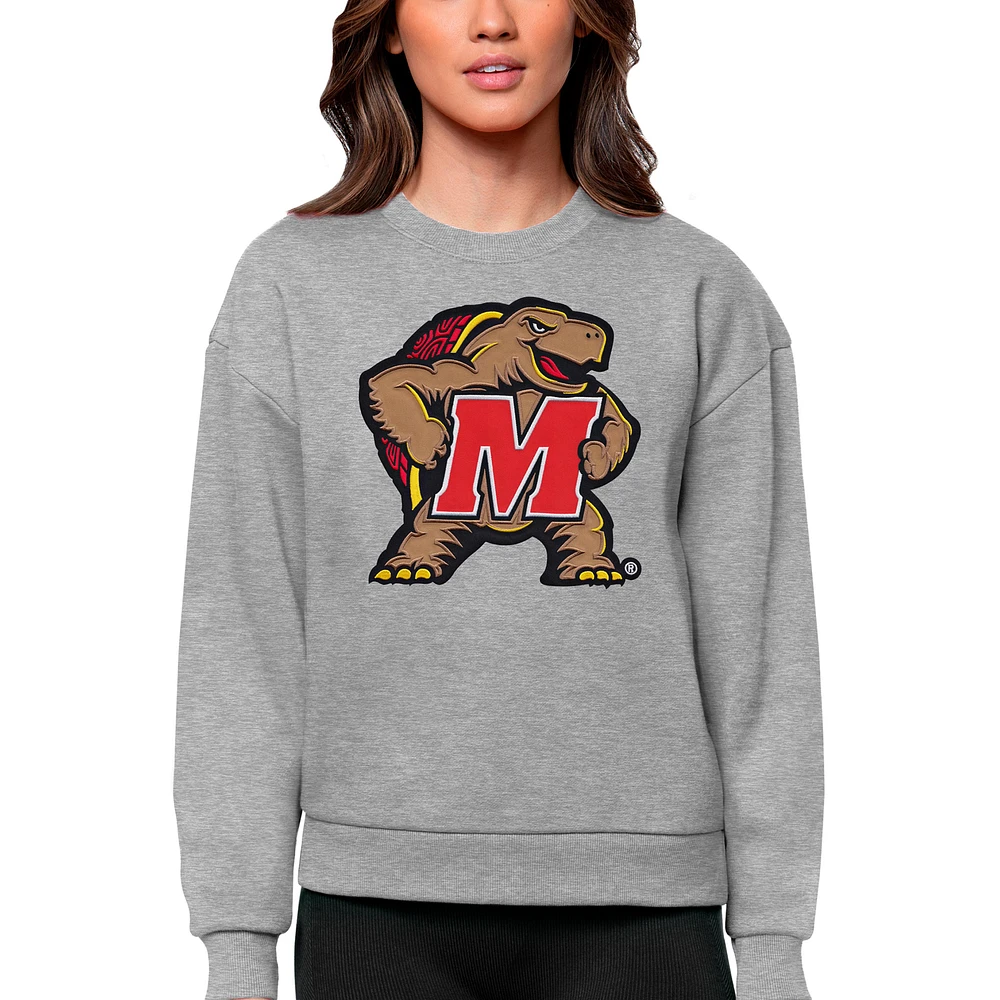 Women's Antigua Heather Gray Maryland Terrapins Victory Crewneck Pullover Sweatshirt