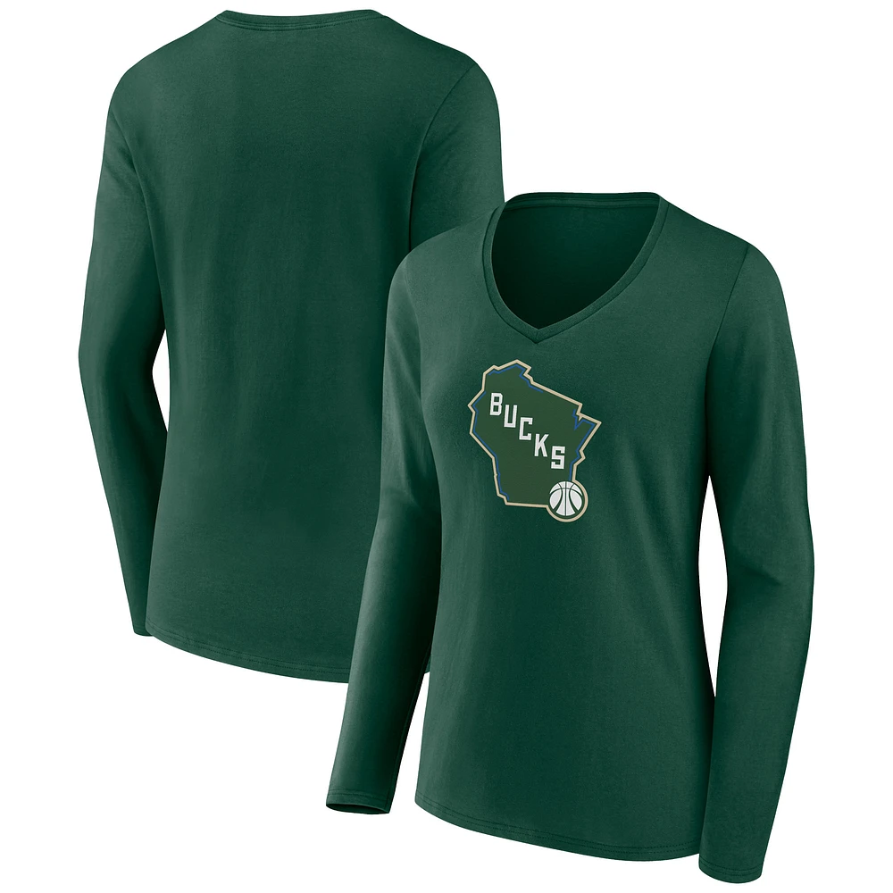 Women's Green Milwaukee Bucks Alternate Logo V-Neck Long Sleeve T-Shirt