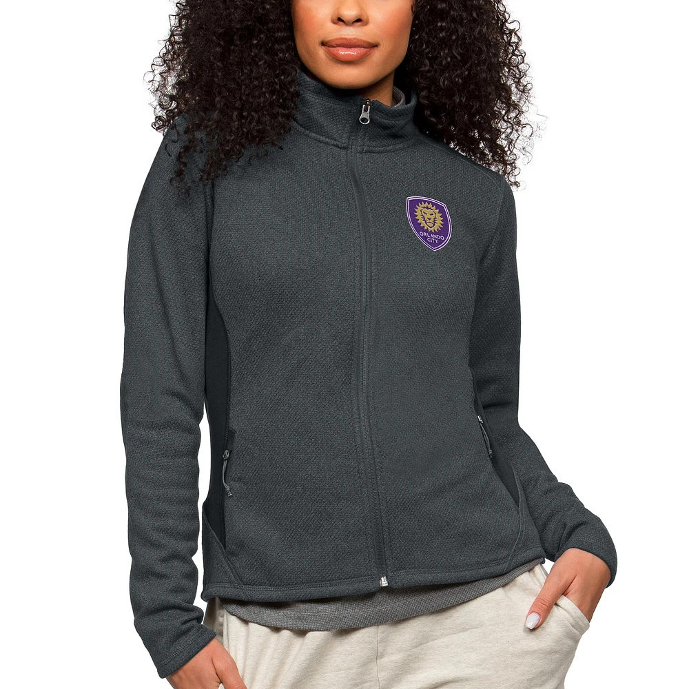 Women's Antigua Heather Charcoal Orlando City SC Team Logo Course Full-Zip Jacket