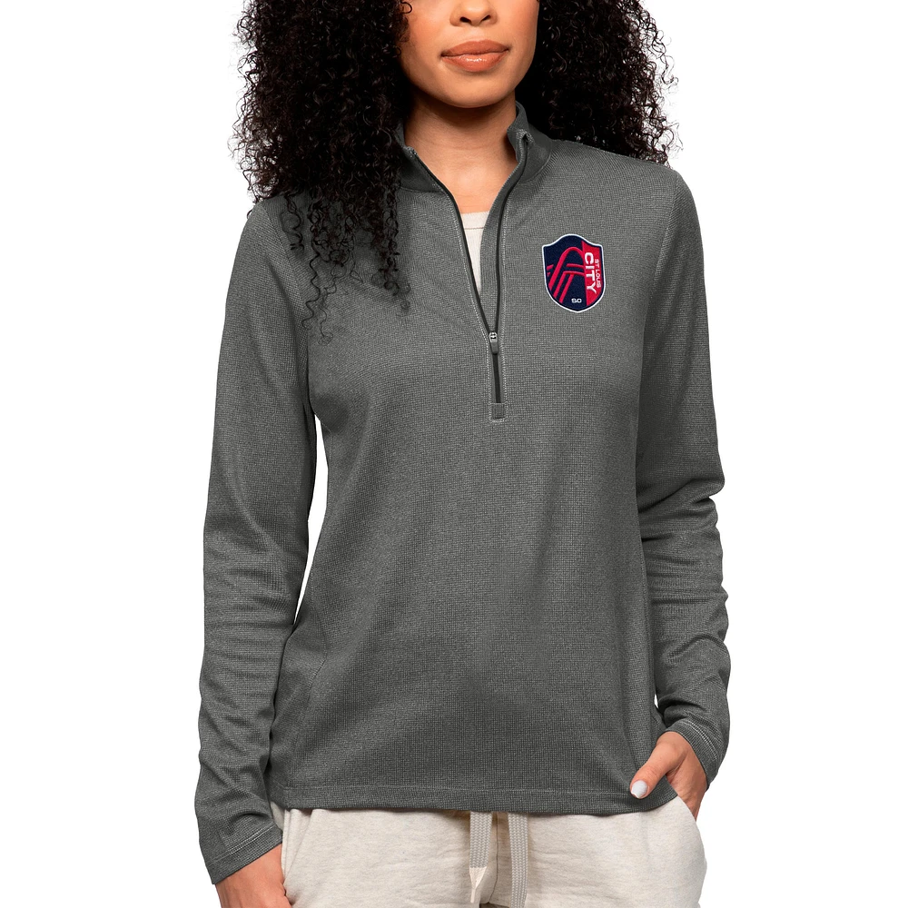 Women's Antigua Heather Charcoal St. Louis City SC Team Logo Epic Quarter-Zip Pullover Top