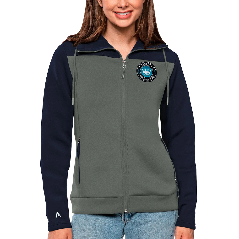 Women's Antigua Navy/Steel Charlotte FC Protect Full-Zip Hoodie