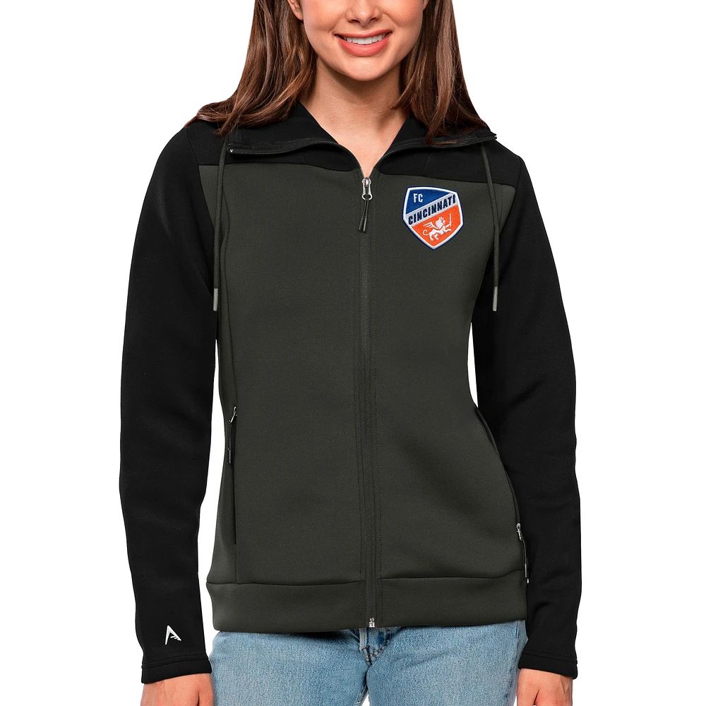 Women's Antigua Black/Gray FC Cincinnati Protect Full-Zip Hoodie