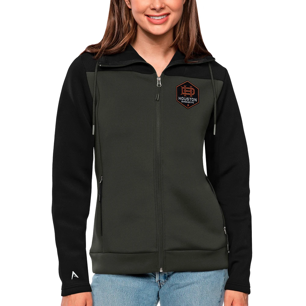 Women's Antigua Black/Gray Houston Dynamo FC Protect Full-Zip Hoodie