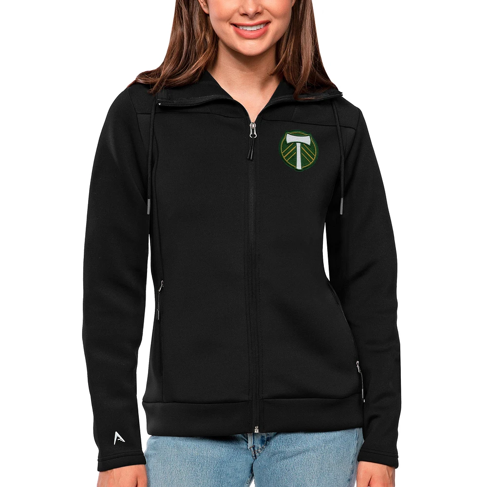 Women's Antigua Black Portland Timbers Team Logo Protect Full-Zip Hoodie