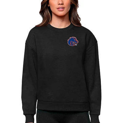 Women's Antigua Black Boise State Broncos Logo Victory Crewneck Pullover Sweatshirt