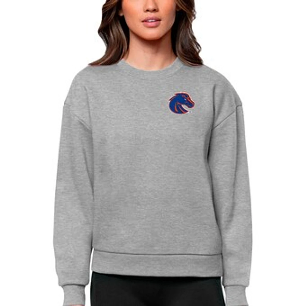 Women's Antigua Heather Gray Boise State Broncos Logo Victory Crewneck Pullover Sweatshirt
