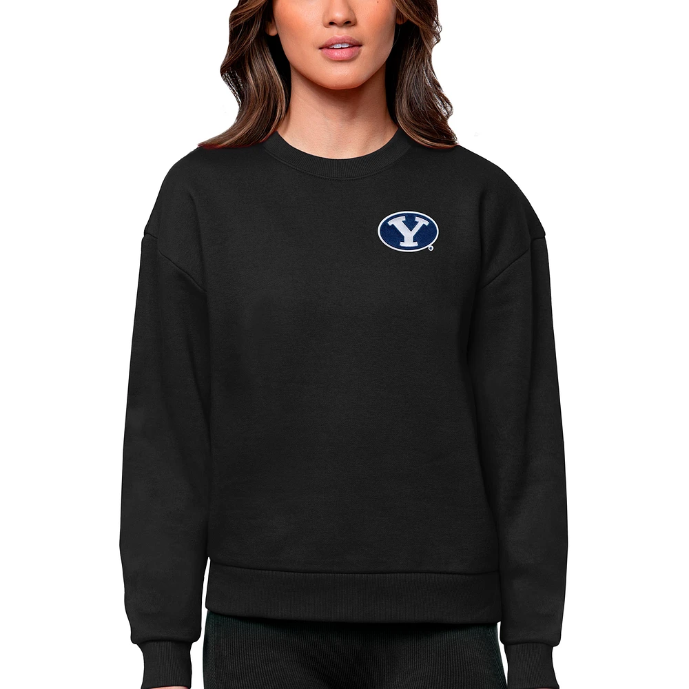 Women's Antigua Black BYU Cougars Logo Victory Crewneck Pullover Sweatshirt