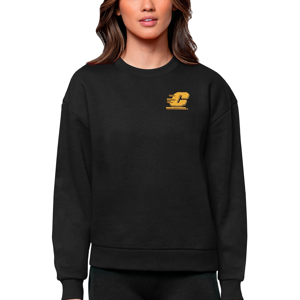 Women's Antigua Black Central Michigan Chippewas Logo Victory Crewneck Pullover Sweatshirt