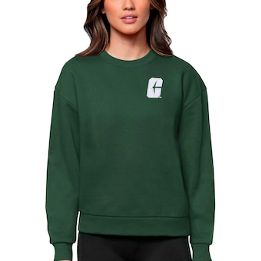 Women's Antigua Green Charlotte 49ers Logo Victory Crewneck Pullover Sweatshirt