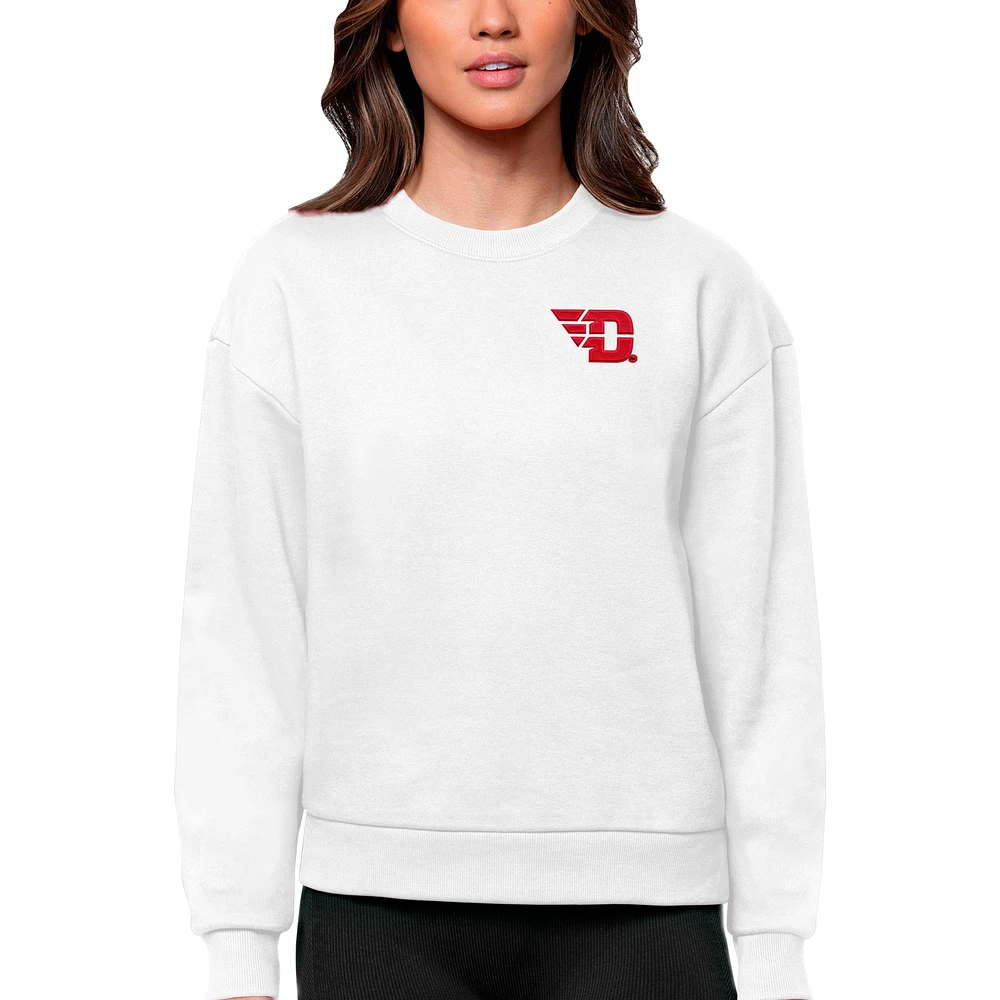 Women's Antigua White Dayton Flyers Logo Victory Crewneck Pullover Sweatshirt