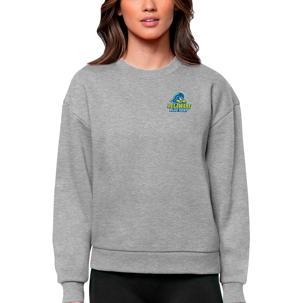 Women's Antigua Heather Gray Delaware Fightin' Blue Hens Logo Victory Crewneck Pullover Sweatshirt