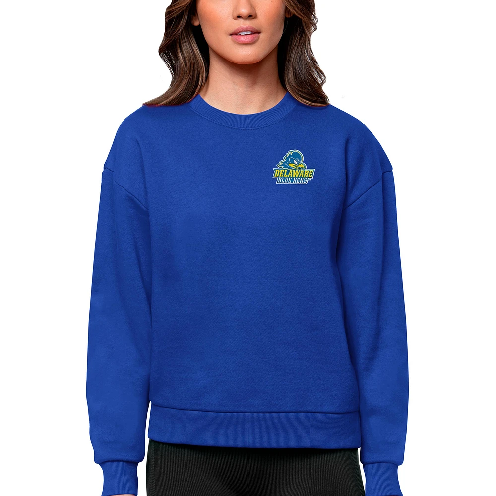 Women's Antigua Royal Delaware Fightin' Blue Hens Logo Victory Crewneck Pullover Sweatshirt