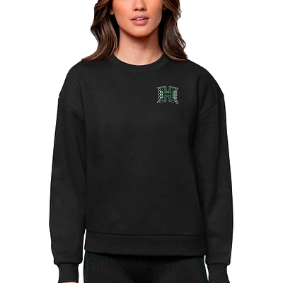 Women's Antigua Black Hawaii Warriors Logo Victory Crewneck Pullover Sweatshirt