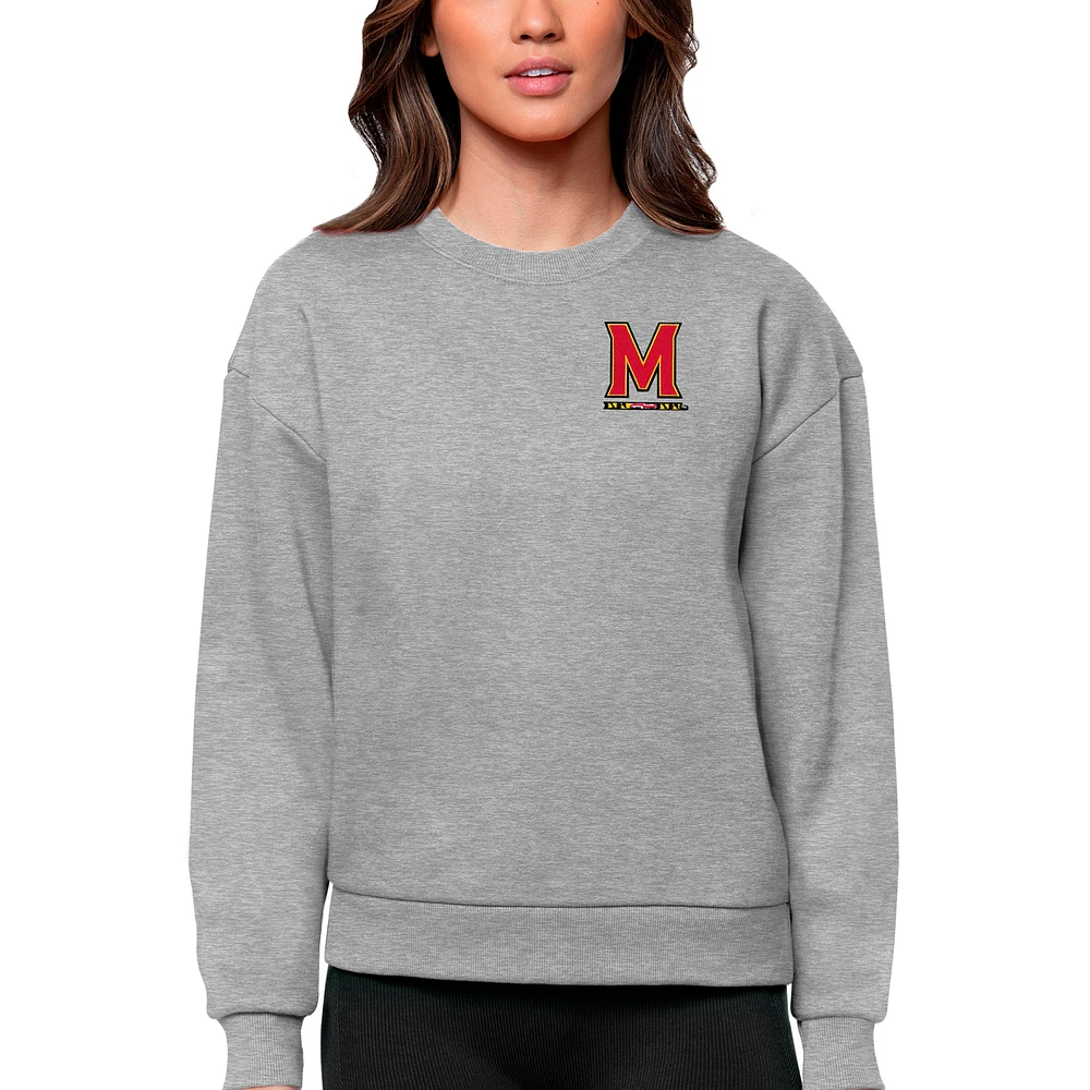 Women's Antigua Heather Gray Maryland Terrapins Logo Victory Crewneck Pullover Sweatshirt