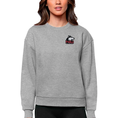 Women's Antigua Heather Gray Northern Illinois Huskies Logo Victory Crewneck Pullover Sweatshirt