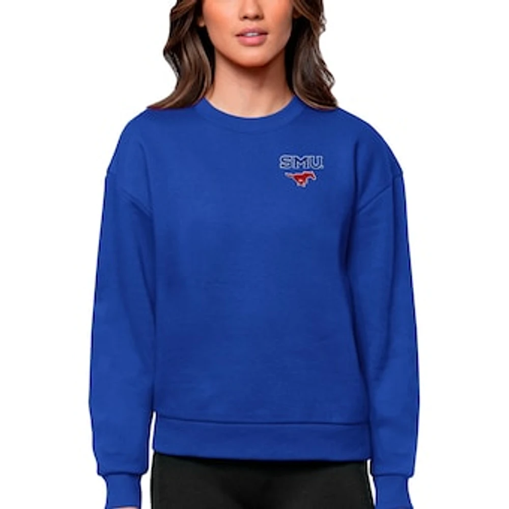 Women's Antigua Royal SMU Mustangs Logo Victory Crewneck Pullover Sweatshirt