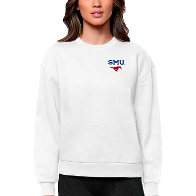 Women's Antigua White SMU Mustangs Logo Victory Crewneck Pullover Sweatshirt