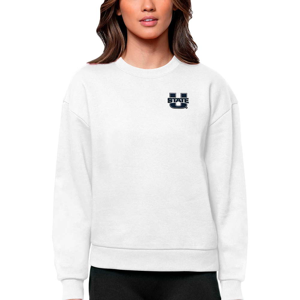 Women's Antigua White Utah State Aggies Logo Victory Crewneck Pullover Sweatshirt