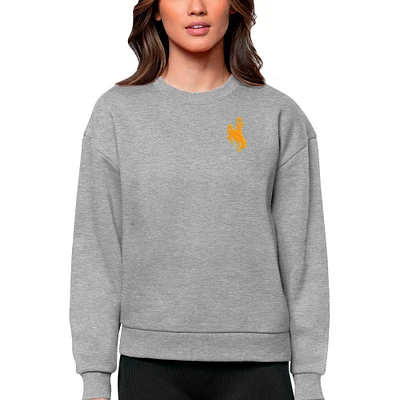 Women's Antigua Heather Gray Wyoming Cowboys Logo Victory Crewneck Pullover Sweatshirt