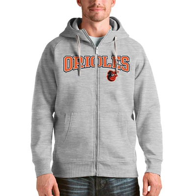 Men's Antigua Heather Gray Baltimore Orioles Team Logo Victory Full-Zip Hoodie