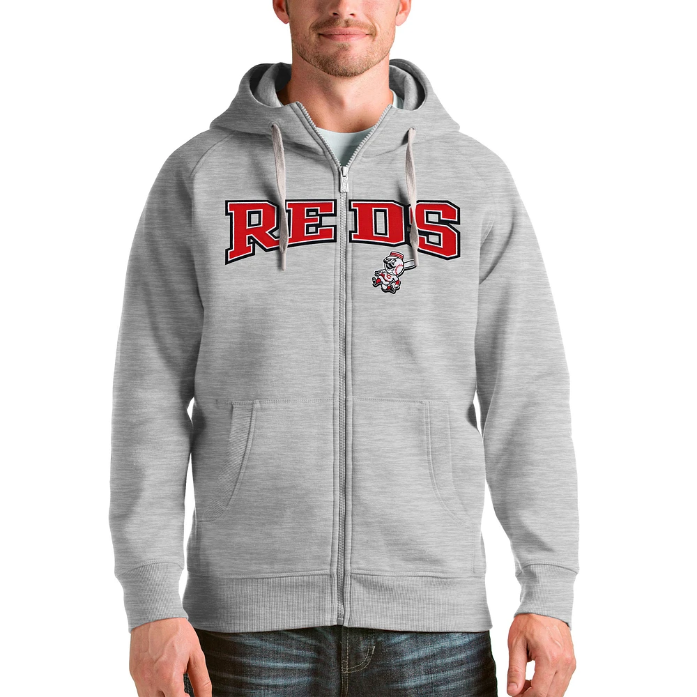 Men's Antigua Heather Gray Cincinnati Reds Team Logo Victory Full-Zip Hoodie