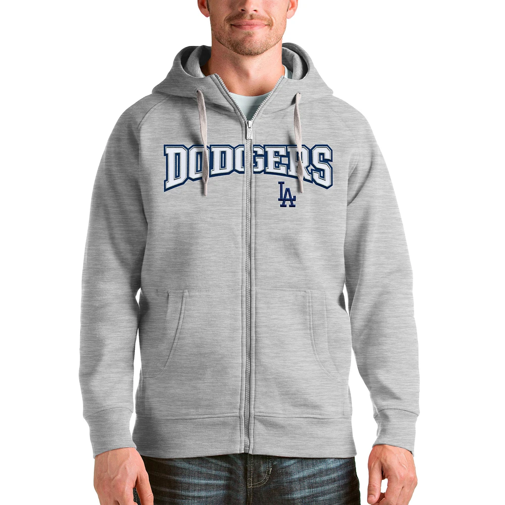 Men's Antigua Heather Gray Los Angeles Dodgers Team Logo Victory Full-Zip Hoodie