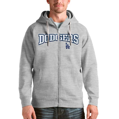 Men's Antigua Heather Gray Los Angeles Dodgers Team Logo Victory Full-Zip Hoodie