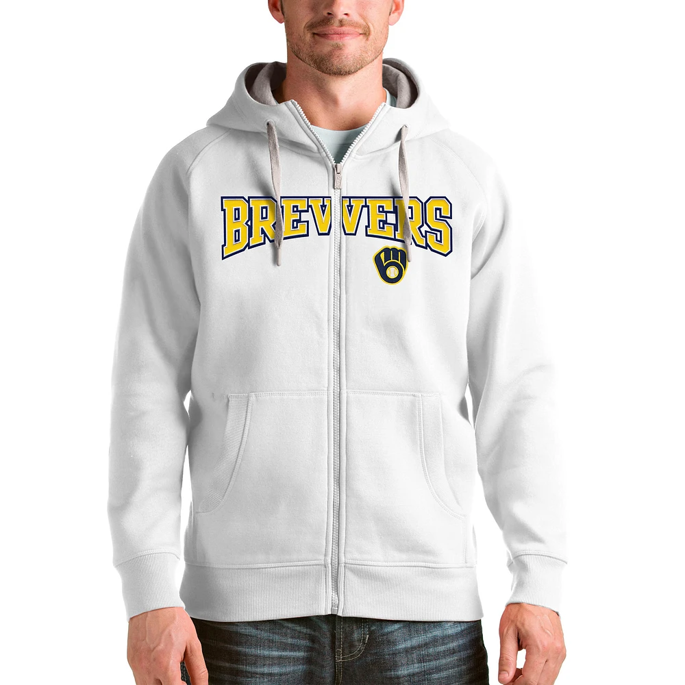 Men's Antigua White Milwaukee Brewers Team Logo Victory Full-Zip Hoodie