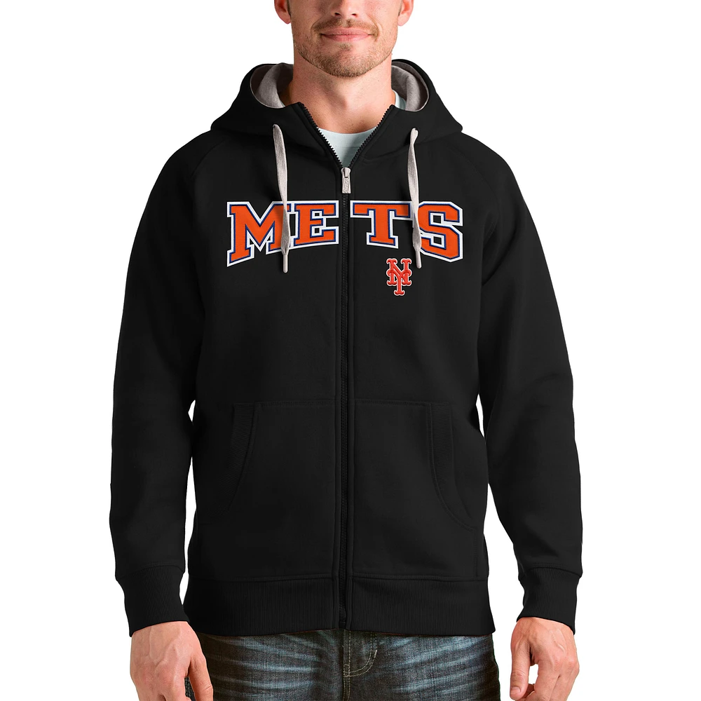 Men's Antigua Black New York Mets Team Logo Victory Full-Zip Hoodie