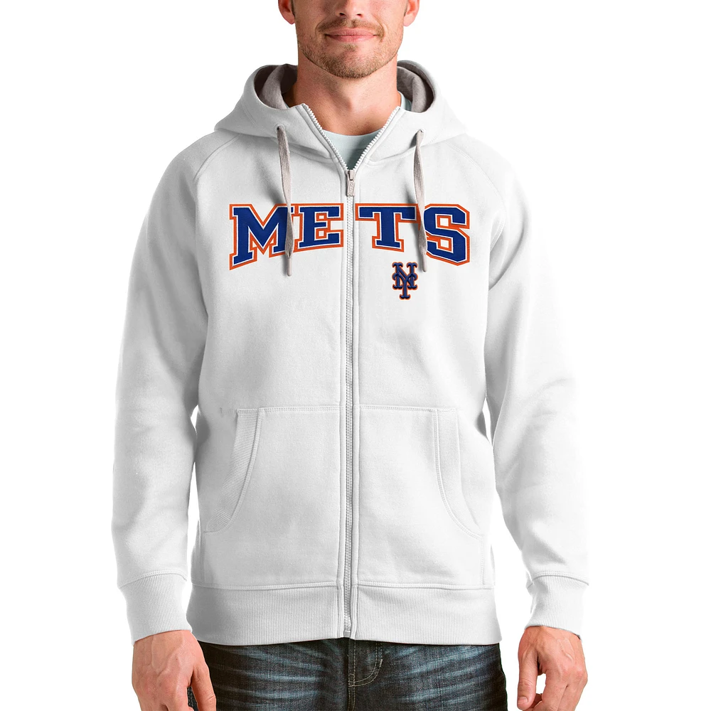 Men's Antigua White New York Mets Team Logo Victory Full-Zip Hoodie