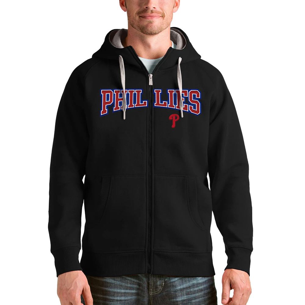 Men's Antigua Black Philadelphia Phillies Team Logo Victory Full-Zip Hoodie