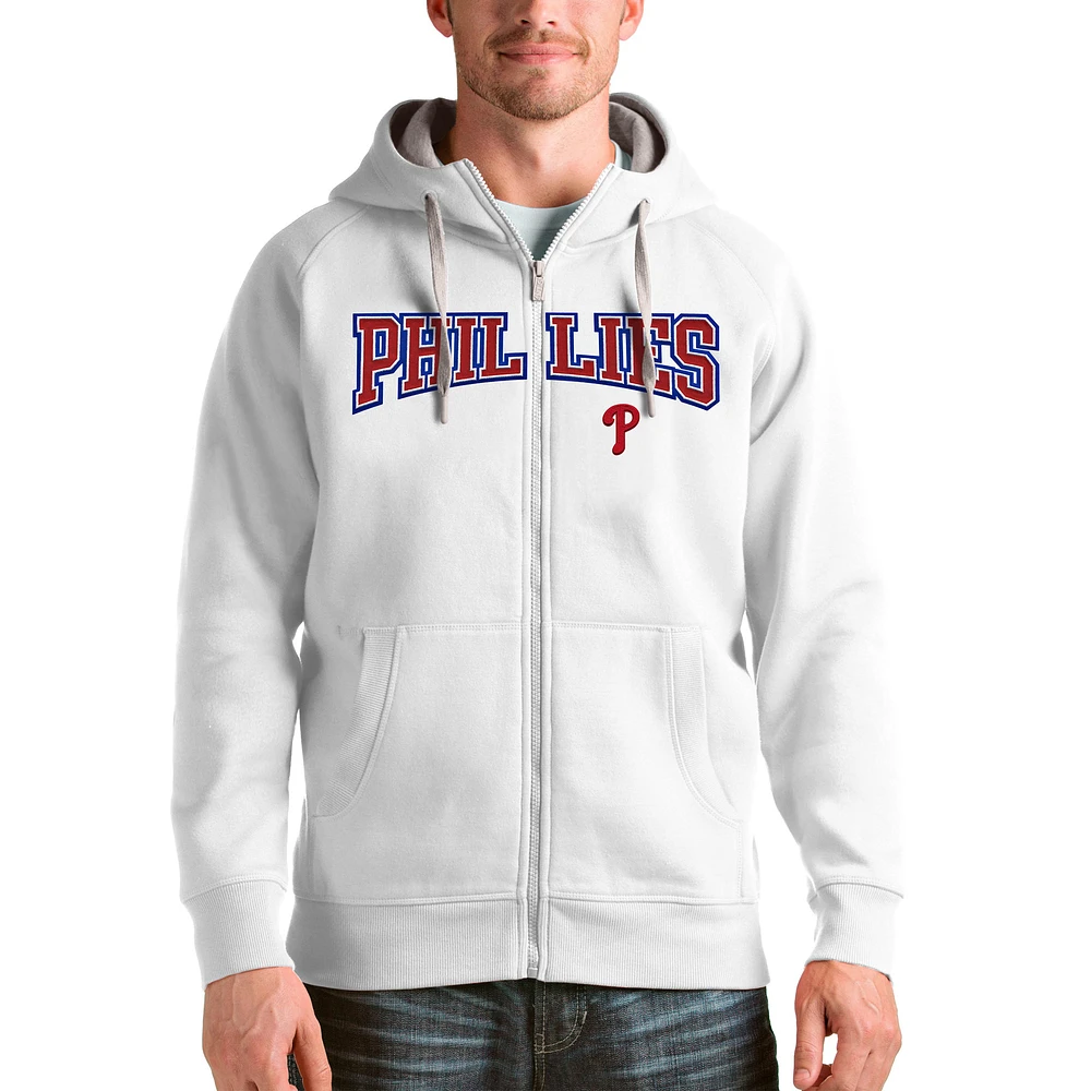 Men's Antigua White Philadelphia Phillies Team Logo Victory Full-Zip Hoodie