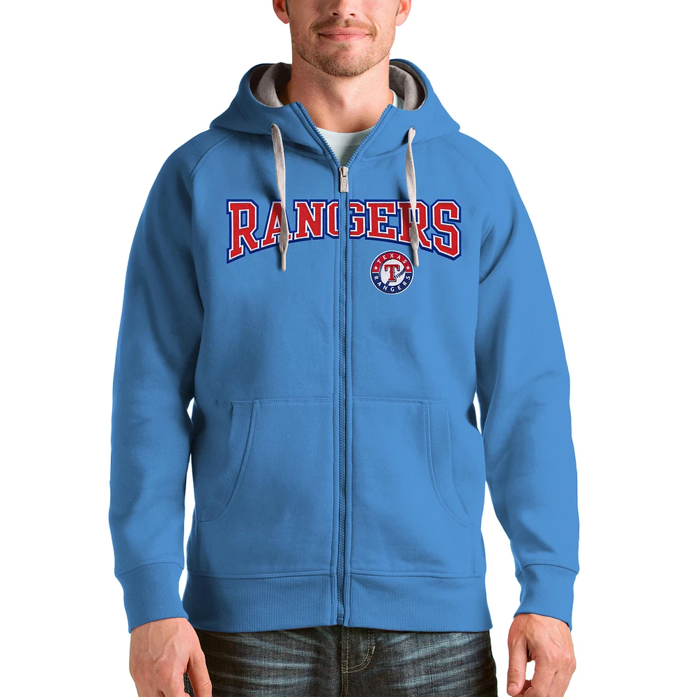 Men's Antigua Light Blue Texas Rangers Team Logo Victory Full-Zip Hoodie