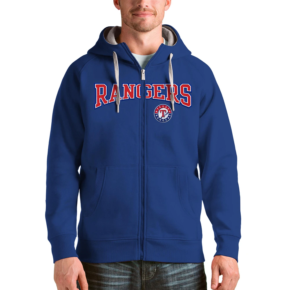 Men's Antigua Royal Texas Rangers Team Logo Victory Full-Zip Hoodie