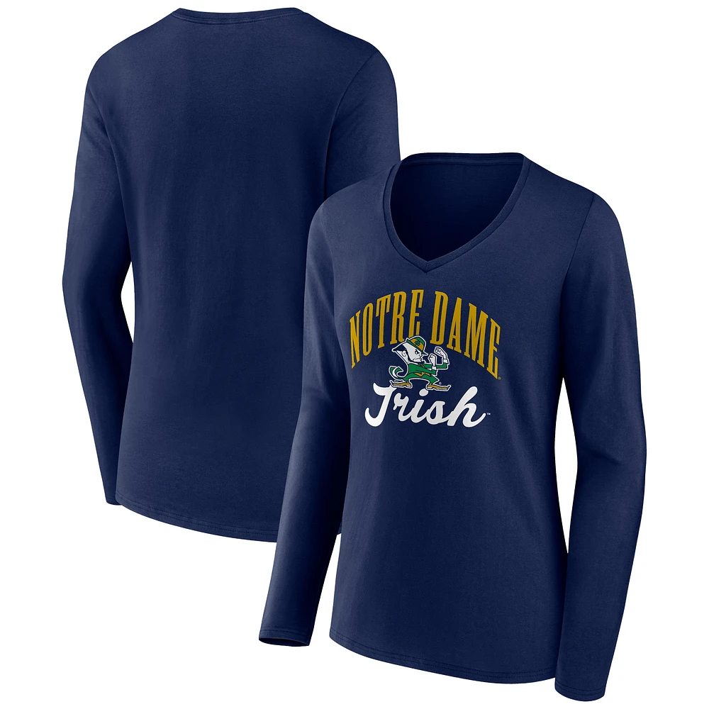 Women's Navy Notre Dame Fighting Irish Victory Script Long Sleeve V-Neck T-Shirt