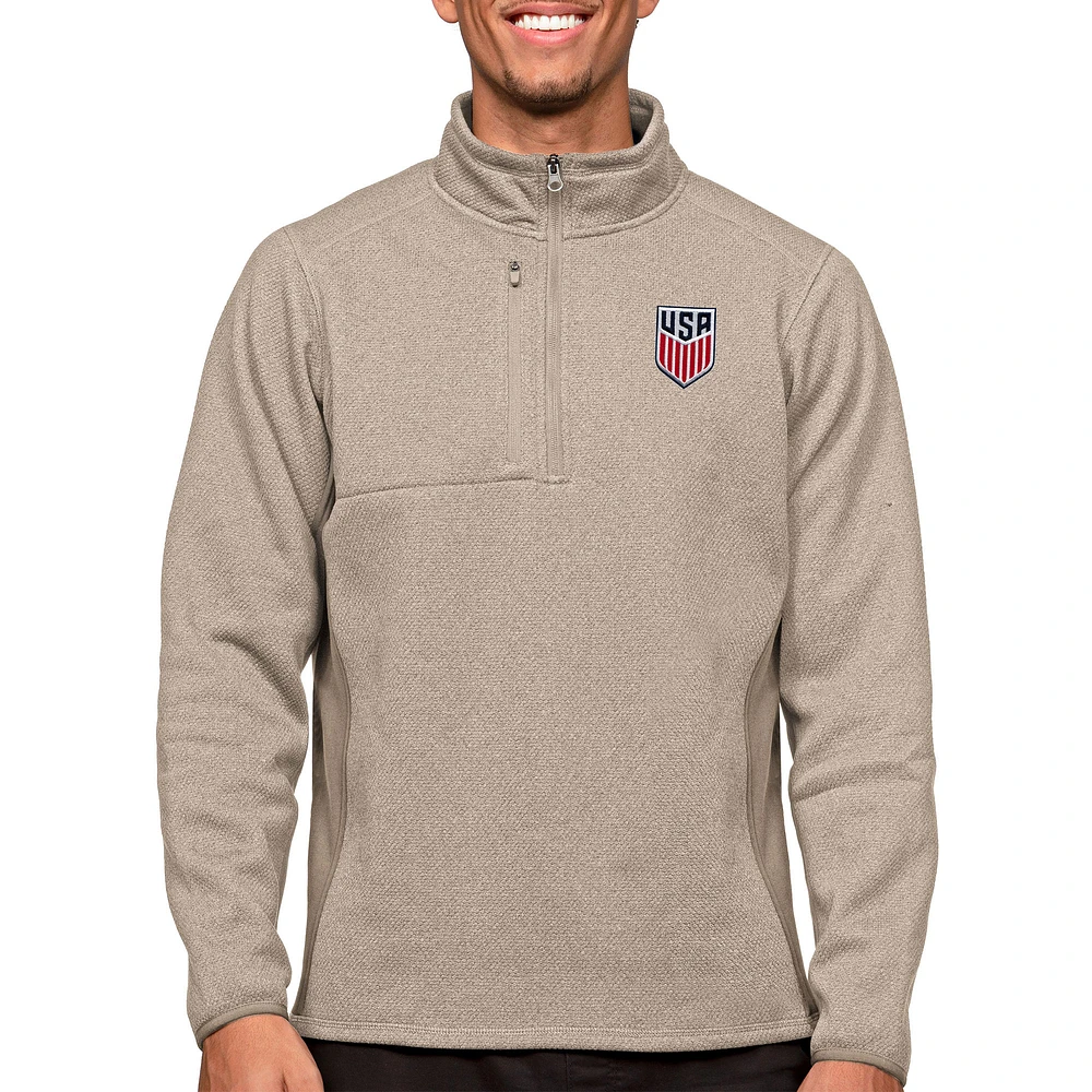 Men's Antigua Oatmeal USMNT Course Quarter-Zip Pullover Top