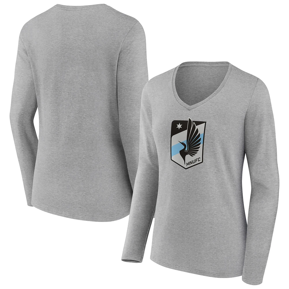 Women's Gray Minnesota United FC Official Logo Long Sleeve V-Neck T-Shirt