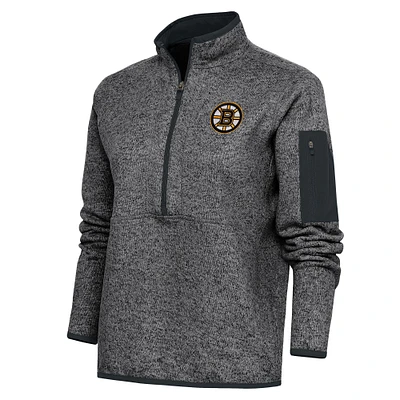Women's Antigua Heather Charcoal Boston Bruins Team Logo Fortune Quarter-Zip Jacket
