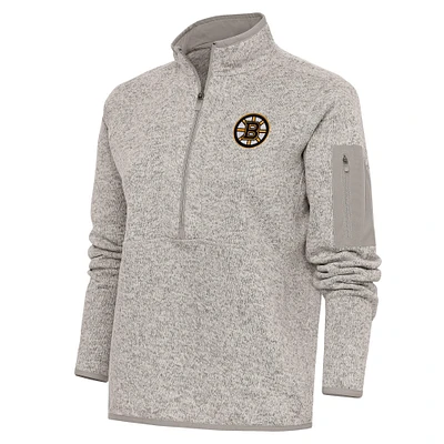 Women's Antigua Oatmeal Boston Bruins Team Logo Fortune Quarter-Zip Jacket
