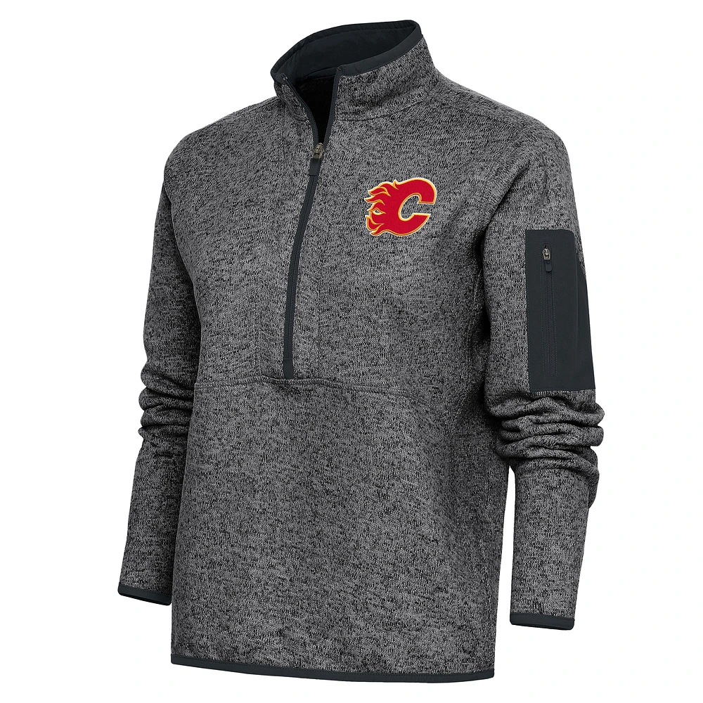 Women's Antigua Heather Charcoal Calgary Flames Team Logo Fortune Quarter-Zip Jacket