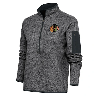 Women's Antigua Heather Charcoal Chicago Blackhawks Team Logo Fortune Quarter-Zip Jacket
