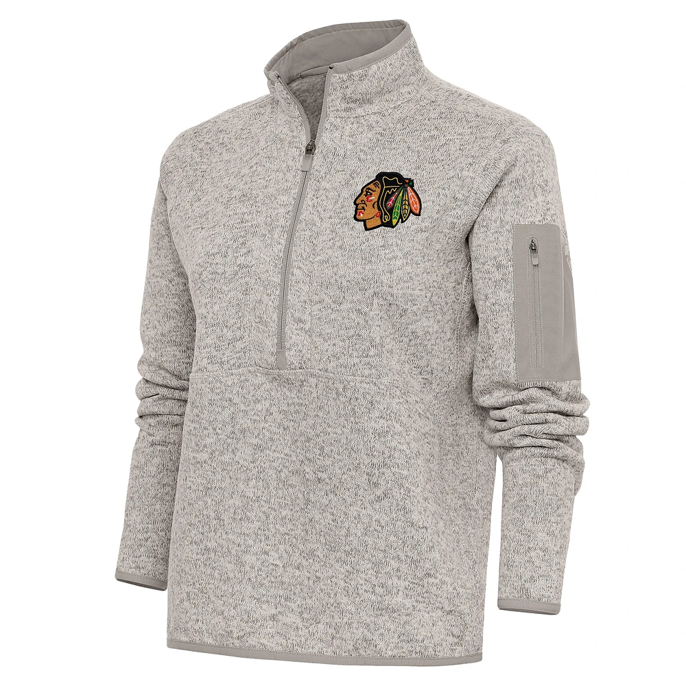 Women's Antigua Oatmeal Chicago Blackhawks Team Logo Fortune Quarter-Zip Jacket
